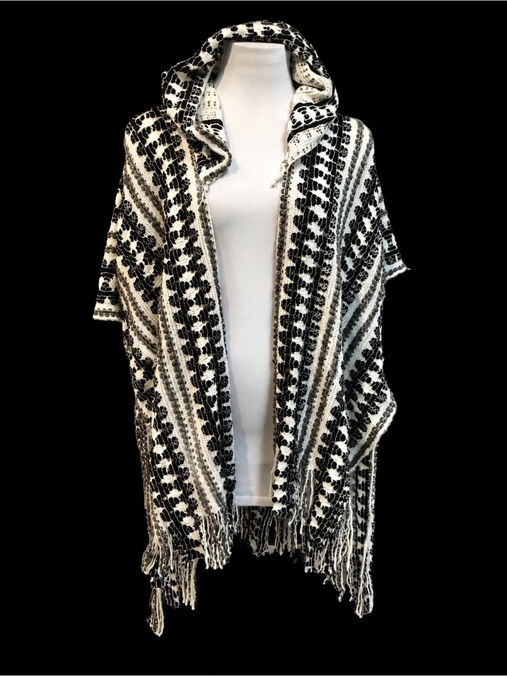 Black White Southwestern Aztec Boho Fringe Hooded Sweater Cover Coat Jacket S/M
